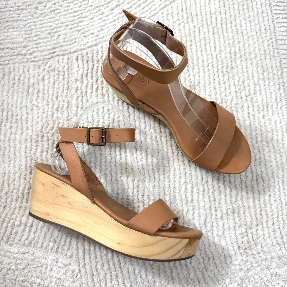 Nisolo Sarita Tan Leather Wooden Wedge Sandals Size 9 - Picture 4 of 13